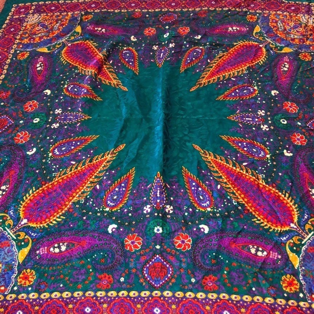 Ellen Tracy Vibrant Teal Paisley Silk Scarf with Purple & Pink Accents